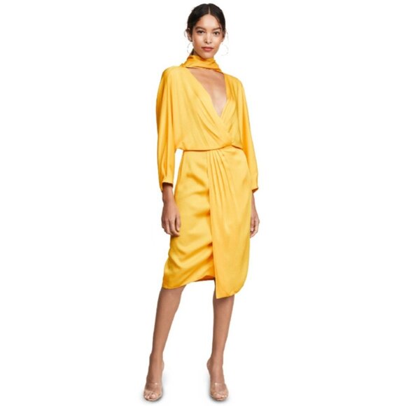 Diane von Furstenberg Yellow Draped Midi Dress Women’s Size 4 Silky Deep V Neck - Picture 2 of 12